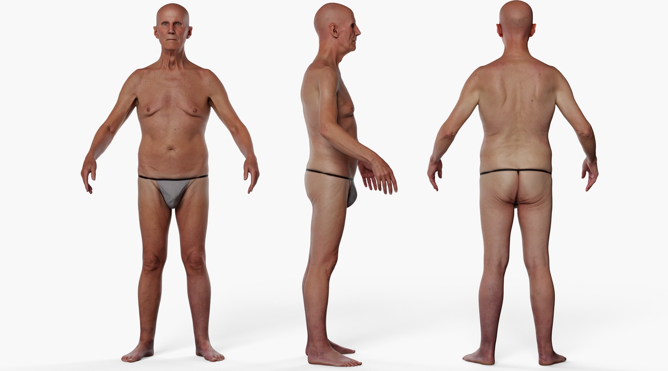 Full body 3D scan of a lean older male with weathered skin and mature facial features, retopologised quad mesh